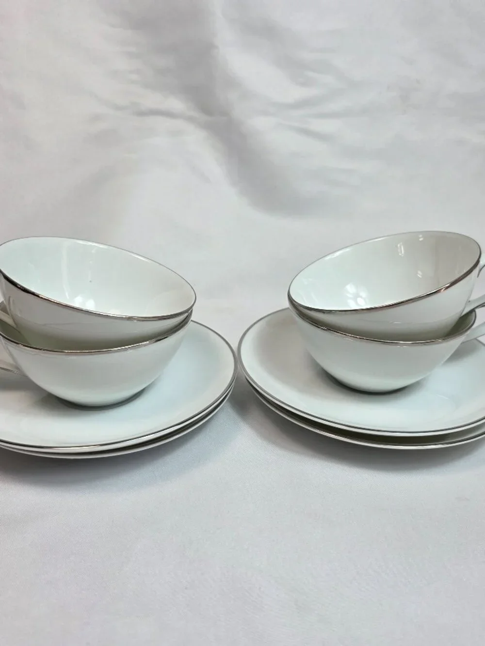 FOUR Noritake Colony Cup & Saucer Sets White Coupe Shape Platinum Trim